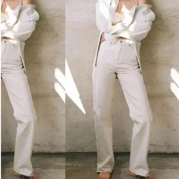 ZARA 90’s High Rise Full-Length Raw Hem Cream Jeans Sz 12 - Picture 1 of 9